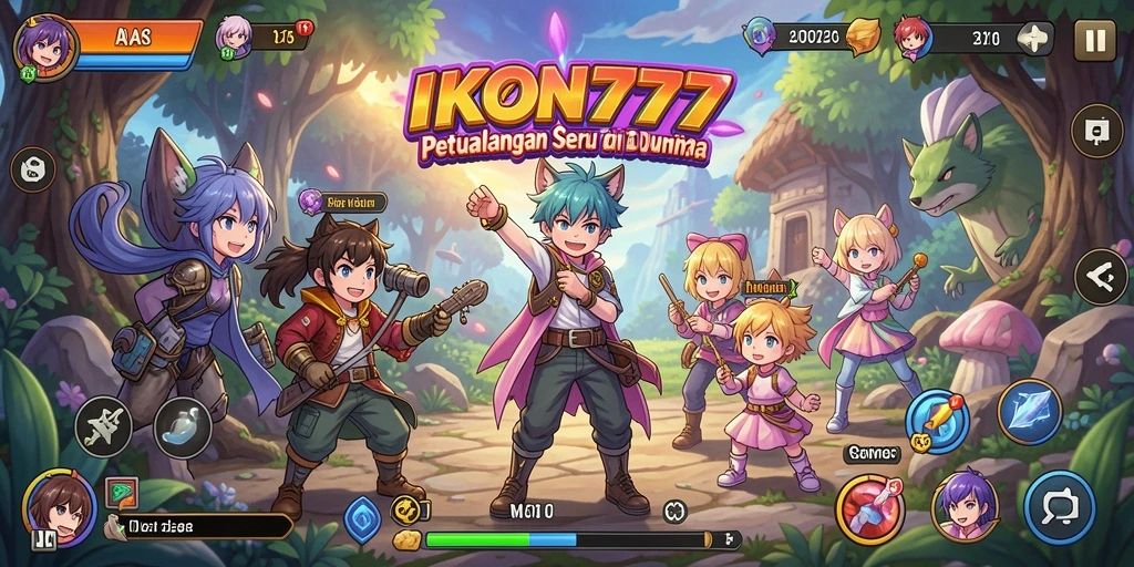 Tampilan gameplay <strong>IKON777</strong> menampilkan karakter anime beraksi dan lingkungan yang kaya.