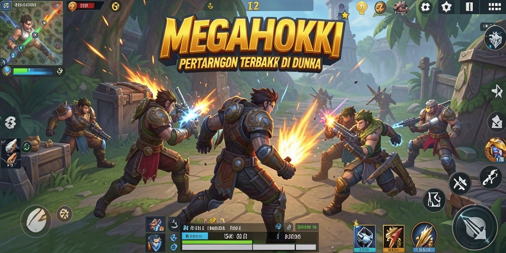 Tampilan layar gameplay <strong>MEGAHOKI</strong> saat pertarungan intens berlangsung di arena besar.