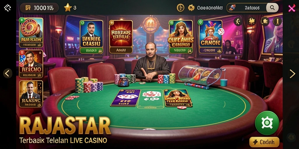Screenshot gameplay RAJASTAR menampilkan dealer live dan suasana kasino.